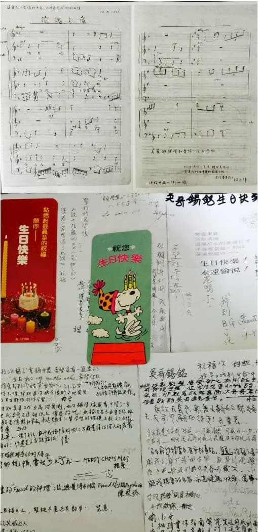 二四四.許多台大學弟妹們寄賀卡、賀函給上師聖座，也以上師聖座的詩文譜曲致敬。