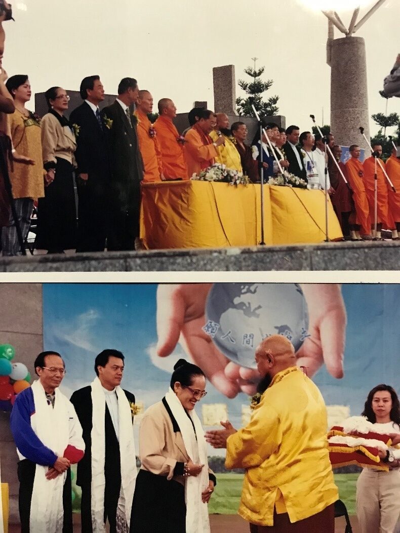 七十.上師聖座在台灣舉辦「世界和平祈願大會」，邀請善牧基金會執行長湯靜蓮修女、泰國佛教僧團、西藏剛堅活佛、永嘉活佛、教育部次長、前雲科大校長林聰明、基督教長老教會牧師、前台中原委會主委馬耀·谷木、佛舞舞蹈團古秋妹團長、聯合國NGO國際替代醫科交流大學校長苟亞博…等前來支持參加。